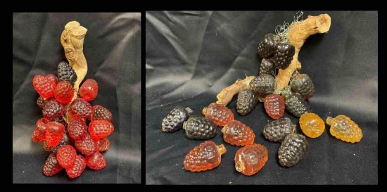Pair of Large vintage 1960s Lucite acrylic raspberry clusters mounted on driftwood.