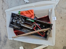random assortment including sockets, bits, a small ratcheting driver set case, and various fasteners