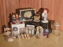 Cute little vintage decor grouping, including old Cracker Barrel coaster