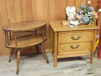 (2) side tables - spindle leg double tier, and Broyhill 2-drawer bamboo designed