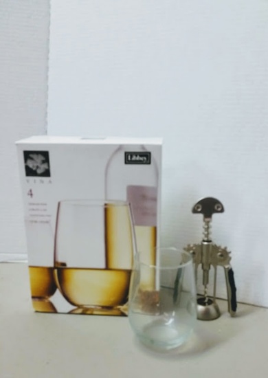 SET OF 4 LIBBEY STEMLESS WINE GLASSES AND WINE BOTTLE OPENER