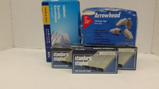 6 PACKS OF STANDARD STAPLES, BOX OF ARROWHEAD ERASURES AND BOX OF SECURITY ENVELOPES