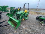 1023E JOHN DEERE TRACTOR WITH 120R LOADER, MOWER