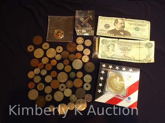 Assorted US, Foreign, Lucite Paper Weight, etc.