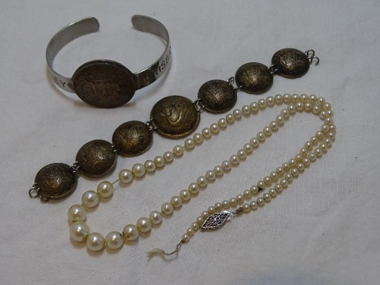 Coin Bracelets and Strand of Pearls
