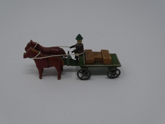 Green Farm Wagon and Two Horses