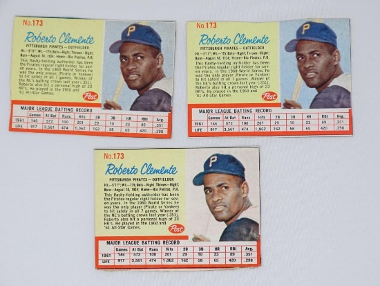 3 Robert Clemente 1962 Post Cereal Cards