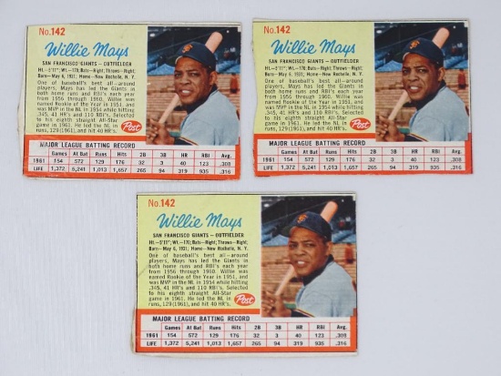 3 Willie Mays 1962 Post Cereal Cards