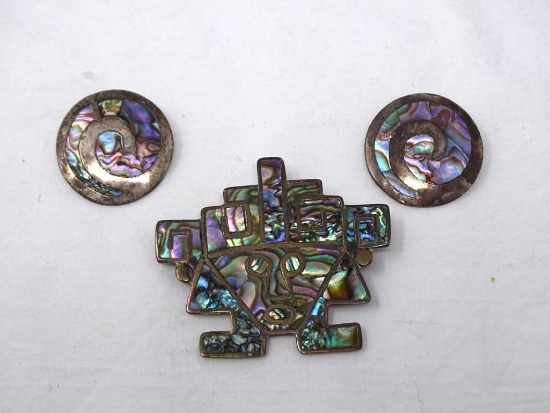 Mexican sterling pin- pendant and earrings