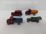 4 Cast metal toy trucks, touring car