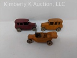 3 Cast metal toy trucks, touring car