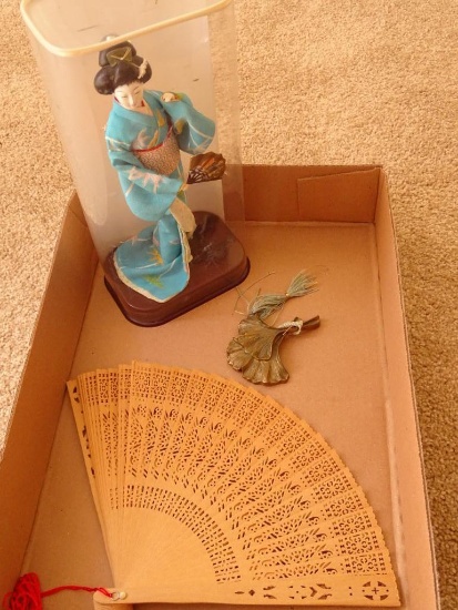 Asian doll, wood fan and brass ginkgo leaf (PICK UP ONLY)