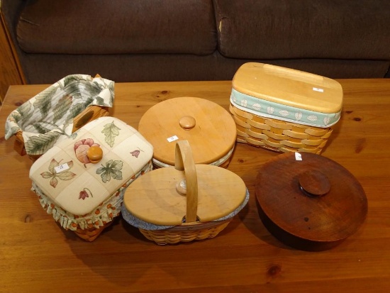 5 Longaberger baskets & covered wooden bowl (PICK UP ONLY)