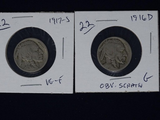 Buffalo Nickels 1916D obv scratch G, 1917S F
