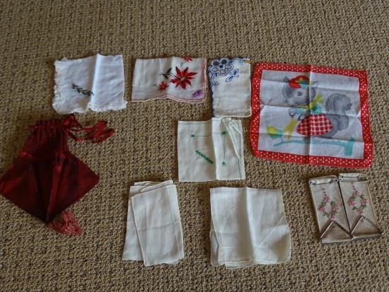 7 Hankies, Drawstring Purse and Two Embroidered Straps