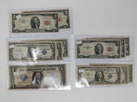 $1 Silver cert 1923G, (3) 1957A, 1957B star note, (2) 1953B; $2 Legal tender (2) 1953, 1953A, (2)