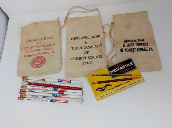 3 Kennett Square Bank Bags, Local Political Pencils, Eagle Pencil Ink Blotter