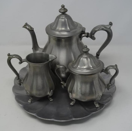 Pewter Tea Set & Aluminum Tray