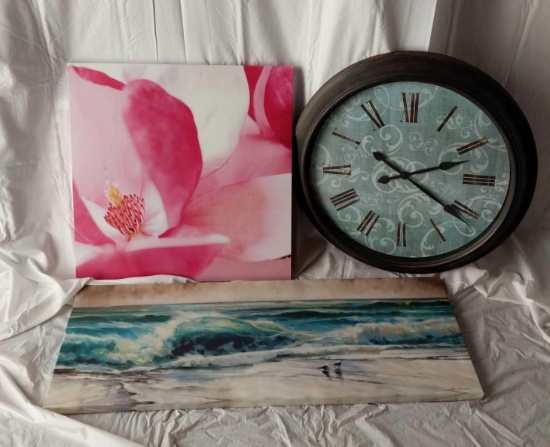 Two Prints on Canvas and Decorator Clock