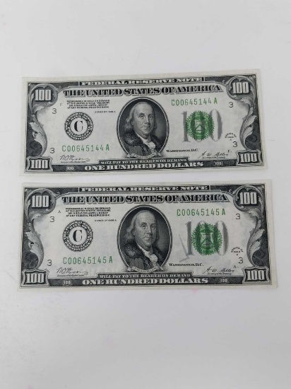(2) $100 1928A sequentially numbered FRNs, crisp UNC