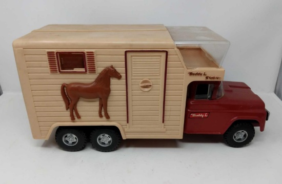 BUDDY L Metal Toy Horse Hauler w/ Plastic Trailer and 2 Horses