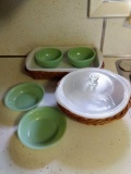 4 FireKing Jadeite Bowls and 2 Glas-Bake Casserole Dishes with Fitted Baskets