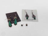 Three Pairs Southwestern Sterling and Malachite Earrings