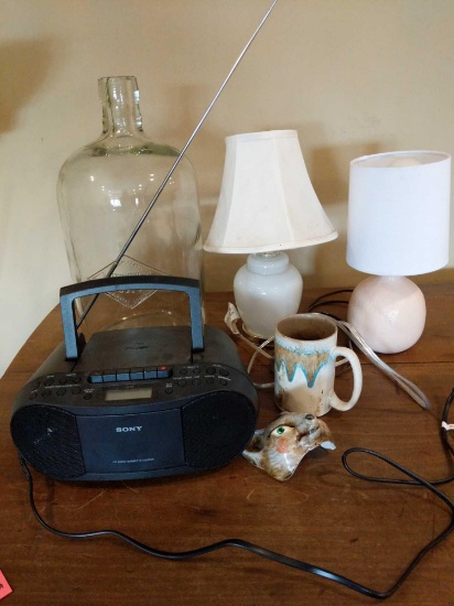 Sony Radio/CD Player, Water Bottle, 2 Table Lamps, Mug & Ceramic Fox Head