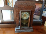 Carved Ingraham Shelf Clock, Shaving Mirror with Comb Box and Wall Mounted Shelf with Drawer and