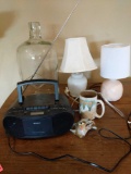Sony Radio/CD Player, Water Bottle, 2 Table Lamps, Mug & Ceramic Fox Head