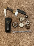 2 Knives, Pocket Watch, Compasses and Wrench