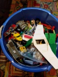 Large Plastic Bucket with Legos, Die Cast Vehicles, Figures
