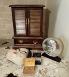 Wooden Jewelry Box, JFK Bank, Oriental Mask, Paperweight & Pair of Earrings
