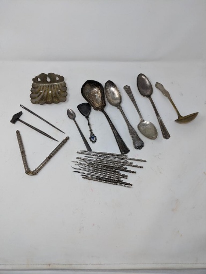 Silver Plate Utensils and Nut Pick Set, etc.