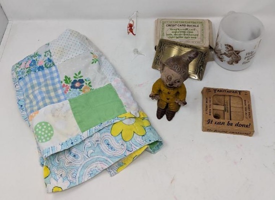 Baby Quilt, Dopey Doll, Credit Card Belt Buckle, Smokey the Bear Mug, Table Game and Glass Figurine