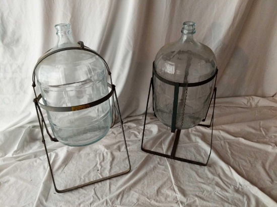 2 Vintage Water Bottles in Metal Stands