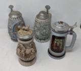 Four Steins with Pewter Lids