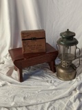 Wooden Lidded Box, Footstool and Metal Lantern