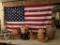 American Flag and Box and Grouping of Baskets