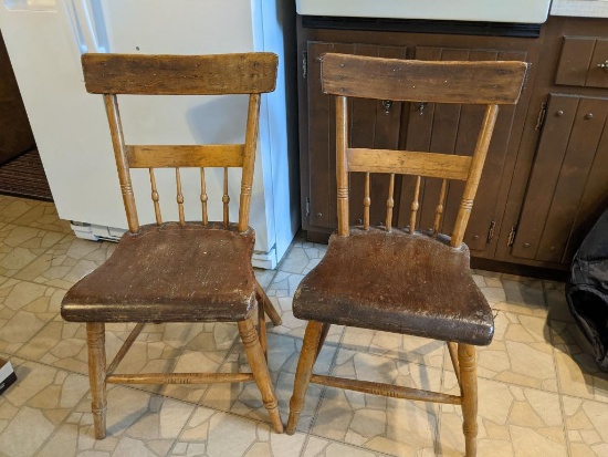 Two Wooden Half Spindle Plank Seat Chairs