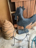 Pottery Skep, Metal Rooster and Wrought Iron Plant Holder