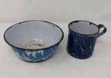 Blue Enamelware Cup and Bowl