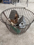 Wire Egg Basket, Two Birdhouses and Iron Cat Door Stop