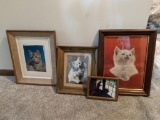 Three Framed Cat Prints and Framed Photograph