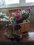 Two Boyd's Bears, Lidded Basket, Artificial Flowers