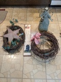 Two Grapevine Wreaths, House & Flag Wooden Sign and Angel with Lantern
