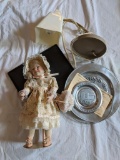 Porcelain Doll on Stand, 2 Award Plates, Bed Lamp