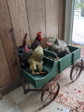 Green Painted Toy or Decorative Wooden Wagon, Rooster and Chickens