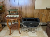 Early Baby Carriage, Round Side Table, Green Footstool and Slate Welcome Sign
