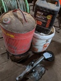 Red Metal Gas Can, Hydraulic Fluid, 5 Gallon Container and Trailer Wheel with Crank